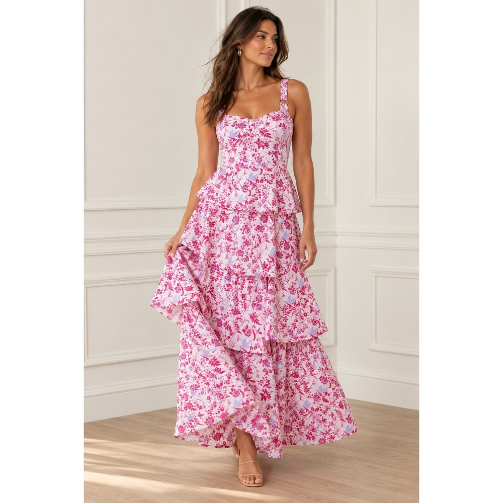 Selfie Leslie Pink Floral Tiered Maxi Dress Open Back Sweetheart Ruched Strappy